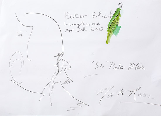 Cartoon of Sir Peter Blake by Mark Rowson; signed by Sir Peter